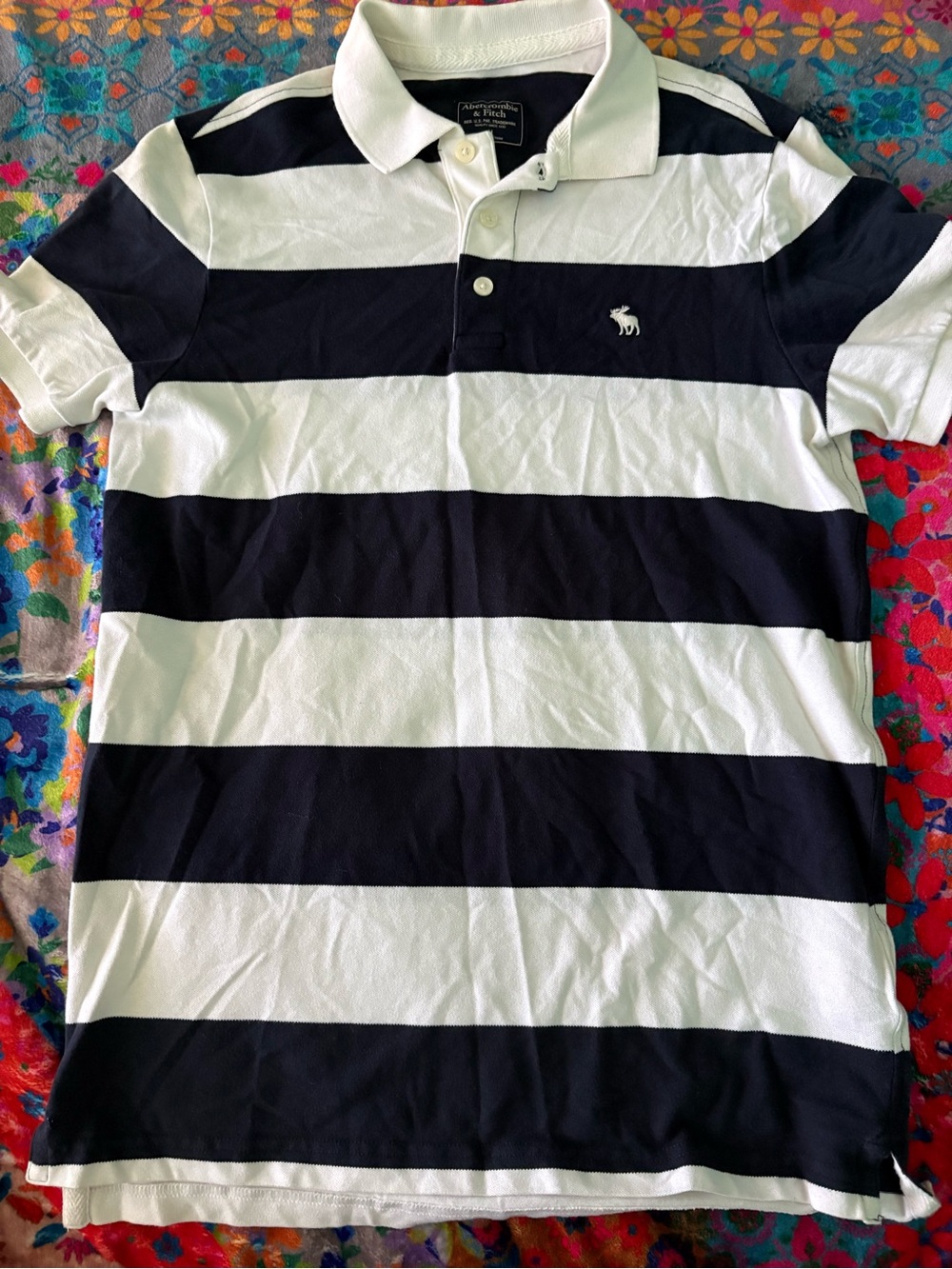 Abercrombie & Fitch Navy Blue and White Striped Polo Shirt